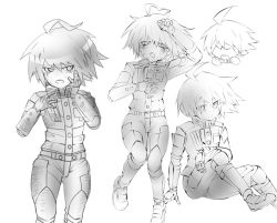 Rule 34 | 10s, 1boy, ahoge, android, arm up, blush, body armor, danganronpa (series), danganronpa v3: killing harmony, expressions, greyscale, heart, heart ahoge, k1-b0, looking at viewer, magatatara, male focus, monochrome, ringed eyes, simple background, sitting, solo, sweat, white background
