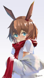 Rule 34 | 1girl, amiya (arknights), animal ear fluff, animal ears, arknights, azitama atsushi (attyuu), blue eyes, brown hair, commentary request, dated, fringe trim, gradient background, grey background, hair between eyes, highres, jacket, looking at viewer, off shoulder, rabbit ears, red scarf, scarf, shirt, short sleeves, solo, upper body, white background, white jacket, white shirt