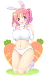 Rule 34 | 1girl, :d, animal ears, animal hands, bare shoulders, belly, blush, breasts, carrot, full body, gloves, highres, hip focus, kazuma (kazumav), large breasts, long hair, looking at viewer, midriff, mikakunin de shinkoukei, navel, open mouth, paw gloves, pink hair, purple eyes, rabbit ears, short hair, simple background, smile, solo, thighs, twintails, two side up, white background, white gloves, yonomori kobeni