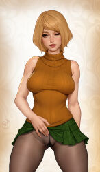 Rule 34 | 1girl, arm behind back, ashley graham, bare arms, bare shoulders, blonde hair, breasts, brown pantyhose, cowboy shot, freli, gluteal fold, green skirt, hand on own stomach, highres, lips, looking at viewer, medium breasts, miniskirt, one eye closed, orange sweater, pantyhose, parted lips, pleated skirt, resident evil, resident evil 4, short hair, signature, skirt, sleeveless, sleeveless turtleneck, solo, spread legs, sweater, turtleneck, yellow eyes