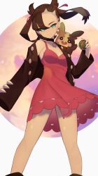 Rule 34 | 1girl, black nails, boots, breasts, brown hair, brown jacket, closed mouth, commentary request, creatures (company), dress, dusk ball, earrings, eyelashes, floating hair, from below, game freak, gen 8 pokemon, green eyes, hair ribbon, hand up, highres, holding, holding poke ball, jacket, jewelry, marnie (pokemon), medium breasts, morpeko, morpeko (full), nail polish, nintendo, nuneno, off shoulder, on shoulder, open clothes, open jacket, pink dress, poke ball, pokemon, pokemon (creature), pokemon on shoulder, pokemon swsh, ribbon, smile, split mouth, twintails