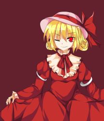 Rule 34 | 1girl, ;), alphes (style), bad id, bad pixiv id, blonde hair, curly hair, dress, elly (touhou), female focus, hat, one eye closed, parody, red background, red dress, red eyes, ribbon, short hair, shouen kigashi, simple background, skirt hold, smile, solo, style parody, touhou, touhou (pc-98), wink