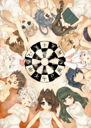 Rule 34 | 6+girls, :d, animal ears, armpits, arms behind back, arms up, azuki akizuki, bandeau, bare shoulders, black hair, blue eyes, blue hair, blunt bangs, blush, boar (chinese zodiac), book, brown hair, child, chinese zodiac, circle formation, closed eyes, cow girl, dog (chinese zodiac), dragon (chinese zodiac), dress, drooling, flat chest, from above, green hair, grey hair, grin, hair between eyes, hair ornament, hair rings, havemoon, high ponytail, holding, holding book, horns, horse (chinese zodiac), leaf, light smile, long hair, looking at another, looking at viewer, looking away, lying, monkey (chinese zodiac), multiple girls, o o, on back, on side, open book, open mouth, orange eyes, orange hair, ox (chinese zodiac), pig girl, rabbit (chinese zodiac), rabbit ears, rat (chinese zodiac), red eyes, rooster (chinese zodiac), saliva, scrunchie, sharp teeth, sheep (chinese zodiac), short hair, side ponytail, sleeping, smile, snake (chinese zodiac), surprised, tears, teeth, tiger (chinese zodiac), tiger ears, twintails, wavy hair, white dress, white hair, yellow eyes