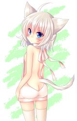 Rule 34 | 1girl, :&lt;, ahoge, animal ears, ass, backless outfit, bare arms, bare back, bare shoulders, blue eyes, blush, breasts, butt crack, cat ears, cat girl, cat tail, closed mouth, cowboy shot, green background, hair between eyes, head tilt, highres, looking at viewer, looking back, meiya neon, meme attire, naked sweater, original, sideboob, silver hair, small breasts, solo, sweater, tail, thighhighs, turtleneck, turtleneck sweater, two-tone background, v-shaped eyebrows, virgin killer sweater, white background, white sweater, white thighhighs