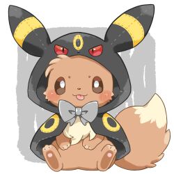 Rule 34 | :3, blush stickers, bow, capelet, closed eyes, clothed pokemon, cosplay, creatures (company), eevee, full body, game freak, gen 1 pokemon, gen 2 pokemon, grey bow, hand on own stomach, highres, hood, hooded capelet, kana (maple926), nintendo, open mouth, pokemon, pokemon (creature), sitting, smile, solo, tongue, tongue out, umbreon, umbreon (cosplay)