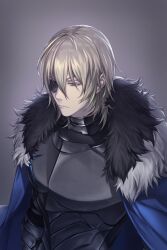 Rule 34 | 1boy, absurdres, armor, black armor, black fur, blonde hair, blue cape, blue eyes, breastplate, cape, closed mouth, dimitri alexandre blaiddyd, downcast eyes, eyepatch, fire emblem, fire emblem: three houses, fur-trimmed cape, fur trim, greyscale, highres, luk0914, male focus, monochrome, nintendo, one eye covered, simple background, solo, upper body, white fur