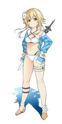 Rule 34 | 1girl, absurdres, anklet, bikini, blonde hair, blush, breasts, flower, genshin impact, hair between eyes, hair flower, hair ornament, highres, jacket, jacket over swimsuit, jewelry, jk-ff, looking at viewer, lumine (genshin impact), midriff, navel, sandals, shadow, short hair, short hair with long locks, simple background, smile, smug, solo, swimsuit, sword, thighlet, weapon, yellow eyes