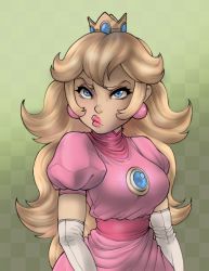 Rule 34 | 1girl, blonde hair, blue eyes, breasts, collaboration, colorized, crown, dress, earrings, elbow gloves, gloves, jewelry, large breasts, lips, lipstick, lm (legoman), long hair, makeup, mario (series), nintendo, pink dress, princess peach, puckered lips, sash, solo, umbrz, white gloves
