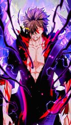 Rule 34 | 1boy, aura, black pants, black tunic, blood, blood on arm, blood on face, brown hair, chinese clothes, closed mouth, fan zhuo, highres, long hair, magic emperor, pants, red eyes, red tunic, serious, two-tone tunic