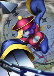 Rule 34 | 1girl, absurdres, blue skin, blurry, blush stickers, breasts, chain, chinese clothes, claws, cleavage, cleavage cutout, clothing cutout, colored skin, crack, cracked floor, depth of field, foreshortening, from above, hair between eyes, hat, highres, jiangshi, kunai, lei lei, medium breasts, ofuda, one eye covered, open mouth, otosama, pink hat, purple hair, qingdai guanmao, shuriken, solo, stone floor, teeth, upper teeth only, vampire (game), weapon, yellow eyes
