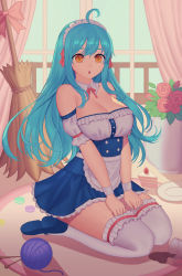 Rule 34 | 1girl, :o, absurdres, ahoge, apron, aqua hair, bare shoulders, blue dress, blue footwear, blue hair, breasts, broom, cake, carpet, cleavage, clenched hands, coffee, coffee cup, corgi (artist), cup, curtains, detached collar, detached sleeves, disposable cup, dress, female focus, flower, food, frilled thighhighs, frills, full body, hair ribbon, hands on own thighs, highres, indoors, lace, lace-trimmed dress, lace trim, large breasts, light blue hair, long hair, looking at viewer, macaron, maid, maid headdress, neck, open mouth, orange eyes, plate, pleated dress, red flower, red rose, ribbon, rose, seiza, shoes, short sleeves, sidelocks, sitting, solo, spill, strapless, strapless dress, strawberry shortcake, thighhighs, v arms, waist apron, white thighhighs, window, wrist cuffs, yarn, yarn ball