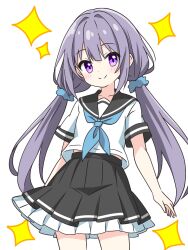 Rule 34 | 1girl, blush, commentary request, cowboy shot, frilled skirt, frills, hair ornament, hair scrunchie, highres, kotatsu-mazoku, long hair, looking at viewer, low twintails, midriff peek, neckerchief, original, pleated skirt, purple eyes, purple hair, school uniform, scrunchie, serafuku, short sleeves, skirt, smile, solo, sparkle, twintails, very long hair