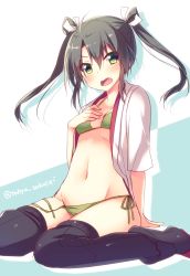 Rule 34 | 10s, 1girl, arm support, bikini, black thighhighs, blush, breasts, flat chest, green bikini, green eyes, grey hair, hair ribbon, hand on own chest, highres, japanese clothes, kantai collection, long hair, looking at viewer, open clothes, ribbon, side-tie bikini bottom, simple background, sitting, solo, swimsuit, tahya, tears, thighhighs, twintails, twitter username, wariza, zuikaku (kancolle)