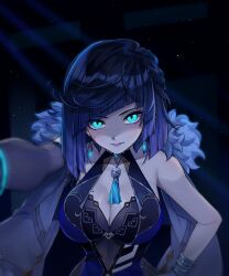 Rule 34 | 1girl, ani 019, bare shoulders, black background, blue eyes, blue hair, blunt bangs, bob cut, breasts, cleavage, commentary, earrings, genshin impact, hand on own hip, highres, jewelry, large breasts, looking at viewer, parted lips, purple lips, short hair, sleeveless, solo, upper body, yelan (genshin impact)