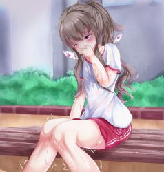 Rule 34 | alternate costume, ambrosia (quatro9106), bench, blush, bra, breast pocket, brown hair, bush, character request, chunithm, covering own mouth, crying, day, egg vibrator, embarrassed, gym uniform, half-closed eyes, hand up, highres, japanese text, knees together feet apart, long hair, one eye closed, outdoors, pee, peeing, peeing self, pocket, ponytail, purple eyes, pussy juice, red shorts, remote control vibrator, see-through, sex toy, shirt, short shorts, short sleeves, shorts, sidelocks, sitting, speech bubble, sweat, tears, translation request, trembling, underwear, vibrator, white shirt, wince