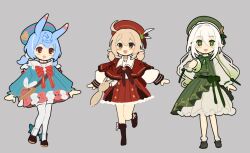 Rule 34 | 3girls, ahoge, blonde hair, blue dress, blush, cabbie hat, capelet, child, dress, full body, genshin impact, green dress, green eyes, grey background, hat, klee (genshin impact), lolita fashion, long hair, mm (motot), multiple girls, nahida (genshin impact), open mouth, pantyhose, pointy ears, red capelet, red dress, red eyes, red headwear, sigewinne (genshin impact), simple background, smile, twintails, very long hair, white hair, white pantyhose, white sleeves