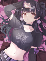 Rule 34 | 1girl, arm up, bed sheet, belt, black belt, black choker, black hair, bow, breasts, candy, choker, chupa chups, commentary request, crop top, cropped shirt, earrings, floral print, food, hair ornament, heart, heart hair ornament, highres, holding, holding candy, holding food, holding lollipop, idolmaster, idolmaster shiny colors, jewelry, keshi kado, lollipop, long hair, looking at viewer, lying, applying manicure, mayuzumi fuyuko, medium breasts, midriff, nail polish, navel, on back, on bed, partial commentary, pink bow, purple skirt, skirt, smile, solo, stomach, x hair ornament, yellow eyes