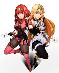 Rule 34 | 2girls, :d, absurdres, bare shoulders, black gloves, black legwear, blonde hair, breasts, chest jewel, dress, earrings, elbow gloves, fingerless gloves, glint, gloves, highres, jewelry, long hair, luxpineapple, medium breasts, multiple girls, mythra (massive melee) (xenoblade), mythra (xenoblade), open mouth, pantyhose, pyra (xenoblade), red eyes, red footwear, red hair, red legwear, red shorts, short dress, short hair, short shorts, shorts, simple background, smash invitation, smile, swept bangs, thigh strap, thighhighs, tiara, very long hair, white background, white dress, white footwear, white gloves, xenoblade chronicles (series), xenoblade chronicles 2, yellow eyes