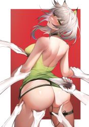 Rule 34 | 1girl, animal ears, arknights, ass, backless dress, backless outfit, bare back, bare shoulders, black choker, breasts, cat ears, cat tail, chinese commentary, choker, clothes lift, commentary request, cowboy shot, dress, dress lift, green dress, green eyes, highres, kal&#039;tsit (arknights), large breasts, material growth, no panties, oripathy lesion (arknights), pencil dress, revision, sex toy, short hair, solo focus, standing, tabayashi, tail, thigh strap, thighs, vibrator, white hair
