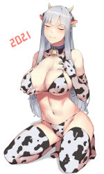 Rule 34 | 1girl, 2021, ak-12 (girls&#039; frontline), animal ears, animal print, bell, bikini, breasts, chinese zodiac, cleavage, closed eyes, collar, commentary request, cow ears, cow girl, cow horns, cow print, cow print bikini, elbow gloves, girls&#039; frontline, gloves, grabbing own breast, horns, kageshio (276006), kneeling, large breasts, long hair, navel, print bikini, print gloves, print thighhighs, sidelocks, silver hair, smile, solo, swimsuit, thighhighs, white background, year of the ox