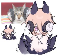 1girl :3 :t ? alternate_breast_size animal_ears blonde_hair breasts cat cheek_squash cleavage don_quixote_(project_moon) e.g.o_(project_moon) hair_over_one_eye headphone_cat_(meme) headphones highres huge_breasts inset kkyangsyus korean_text limbus_company meme musical_note photo_inset pink_eyes project_moon reference_inset short_hair simple_background telepole_(e.g.o) translation_request upper_body white_background wolf_ears wolf_girl