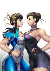 Rule 34 | 2girls, absurdres, asymmetrical docking, bare shoulders, black dress, black hair, blush, bracelet, breast press, breasts, capcom, chun-li, chun-li (cosplay), cosplay, costume switch, double bun, dress, earrings, face-to-face, gold earrings, gold hairband, hair bun, hairband, highres, jewelry, large breasts, long hair, multiple girls, navel, red eyes, short hair, smile, solo, spy x family, street fighter, street fighter 6, tre artz, two-sided dress, two-sided fabric, yor briar, yor briar (cosplay)