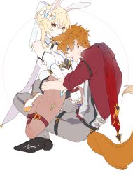 Rule 34 | 1boy, 1girl, absurdres, adapted costume, animal ears, black gloves, blonde hair, blue eyes, bound, bound wrists, bow, breasts, brown pantyhose, cleavage, dal-gi, detached sleeves, flower, fox boy, fox ears, fox tail, genshin impact, gloves, grey pants, hair between eyes, hair bow, hair flower, hair ornament, hetero, highres, leotard, looking at viewer, lumine (genshin impact), medium breasts, orange eyes, orange hair, pants, pantyhose, playboy bunny, rabbit ears, rabbit girl, red shirt, shirt, short hair with long locks, simple background, tail, tartaglia (genshin impact), white leotard