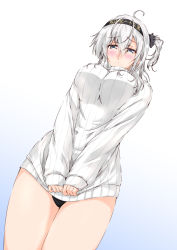 Rule 34 | 1girl, ahoge, black panties, blush, breasts, clothes writing, commentary request, covering crotch, covering privates, cowboy shot, gradient background, grey eyes, hair between eyes, hair ornament, hairband, kantai collection, large breasts, long sleeves, looking at viewer, mikage takashi, no legwear, panties, ribbed sweater, short hair, side ponytail, solo, suzutsuki (kancolle), sweater, underwear, white background, white hair