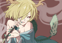 Rule 34 | 1girl, antlers, bare shoulders, blonde hair, blue shirt, blue skirt, breasts, commentary request, dragon horns, dragon tail, eyelashes, green nails, hair over one eye, highres, holding, horns, kawayabug, kicchou yachie, kiseru, lips, medium breasts, nail polish, parted lips, red background, red eyes, shirt, short hair, skirt, slit pupils, smoke, smoking pipe, solo, tail, touhou