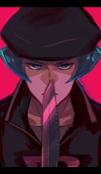 Rule 34 | 1boy, black hat, collarbone, commentary request, creatures (company), delta nonbiri, game freak, green eyes, green hair, hat, highres, holding, holding knife, knife, male focus, nintendo, parted lips, pink background, pokemon, pokemon hgss, popped collar, proton (pokemon), short hair, simple background, solo, team rocket, team rocket uniform, upper body