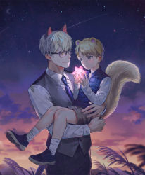 Rule 34 | 2boys, animal crossing, animal ears, blonde hair, blue necktie, blush, cat boy, cat ears, commentary, glasses, green eyes, heterochromia, highres, lino chang, long sleeves, looking at viewer, male focus, marshal (animal crossing), multiple boys, necktie, night, night sky, nintendo, personification, raymond (animal crossing), shirt, sky, squirrel ears, thick eyebrows, vest, white shirt