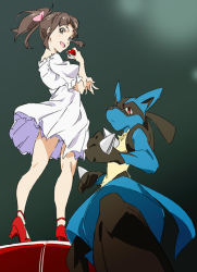 Rule 34 | 10s, 1girl, bow, brown eyes, brown hair, clenched hands, creatures (company), crossover, game freak, gen 4 pokemon, hair bow, high heels, hisami nanami, holding, holding poke ball, long hair, looking back, lucario, nintendo, open mouth, poke ball, poke ball (basic), pokemon, pokemon (creature), ponytail, red eyes, skirt, umanosuke, wake up girls!