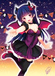 Rule 34 | 10s, 1girl, azuma yuki, bad id, bad pixiv id, bare shoulders, bat wings, black thighhighs, blue hair, blunt bangs, bow, breasts, cleavage, commentary request, fake horns, hair bun, halloween, halloween costume, horns, long hair, looking at viewer, love live!, love live! sunshine!!, off shoulder, open mouth, red eyes, single hair bun, solo, striped, striped bow, thighhighs, tsushima yoshiko, wings