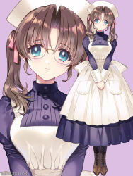 Rule 34 | 1girl, absurdres, apron, black dress, boots, breasts, carnelian, dress, full body, glasses, green eyes, harukawa tomomi, hat, highres, kao no nai tsuki, large breasts, light smile, long hair, looking at viewer, maid, maid apron, solo, standing, twintails, upper body