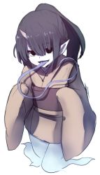 Rule 34 | 1girl, :d, absurdres, bad id, bad twitter id, black eyes, black hair, brown kimono, commentary request, full body, ghost tail, head tilt, highres, horns, japanese clothes, kimono, long hair, long sleeves, long tongue, looking at viewer, obi, open mouth, original, pale skin, pointy ears, ponytail, sash, simple background, single horn, sleeves past fingers, sleeves past wrists, smile, solo, tongue, tongue out, very long hair, very long tongue, wada kazu, white background