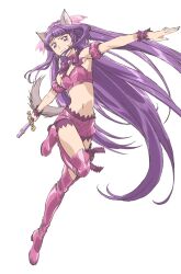 Rule 34 | 1girl, animal ears, boots, bridal garter, detached sleeves, fujiwara zakuro, knee boots, long hair, magical girl, mew zakuro, midriff, non-web source, official style, pink ribbon, puffy detached sleeves, puffy sleeves, purple footwear, purple hair, ribbon, solo, source request, tail, tokyo mew mew, tokyo mew mew new, tsurime, very long hair, wolf ears, wolf girl