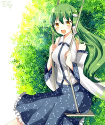 Rule 34 | 1girl, :d, bare shoulders, blue skirt, blush, breasts, bunnyjiry (jirynyang), collared shirt, detached sleeves, frilled skirt, frills, frog hair ornament, green hair, hair between eyes, hair ornament, hair tubes, highres, kochiya sanae, large breasts, leaf, long hair, long skirt, looking at viewer, open mouth, shirt, signature, sitting, skirt, sleeveless, sleeveless shirt, smile, snake hair ornament, sunlight, touhou, tree, white background, white shirt, white sleeves, wide sleeves, wing collar, yellow eyes