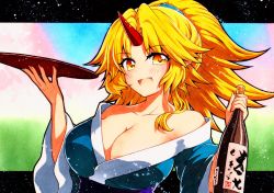 Rule 34 | 1girl, :d, bad id, bad twitter id, blonde hair, bottle, breasts, cleavage, cup, fang, highres, holding, holding bottle, holding cup, horns, hoshiguma yuugi, hoshiguma yuugi (kimono), large breasts, long hair, long sleeves, looking at viewer, off shoulder, official alternate costume, oni horns, open mouth, ponytail, qqqrinkappp, red horns, sakazuki, single horn, skin fang, smile, solo, star (symbol), star print, touhou, traditional media, upper body, yellow eyes