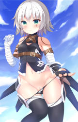 Rule 34 | 1girl, arm belt, bandaged arm, bandages, belt, black belt, black panties, black thighhighs, breasts, cloud, cloudy sky, day, facial scar, fate/apocrypha, fate/grand order, fate (series), fingerless gloves, gloves, green eyes, highres, jack the ripper (fate/apocrypha), jan (janpx2012), lowleg, lowleg panties, navel, panties, panty pull, scar, scar across eye, scar on cheek, scar on face, short hair, shoulder tattoo, single glove, sky, small breasts, solo, tattoo, thighhighs, underwear, white hair