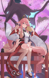Rule 34 | 1girl, absurdres, animal ears, bare shoulders, blush, book, breasts, detached sleeves, fox, fox ears, fox shadow puppet, full body, genshin impact, hair ornament, highres, holding, holding book, japanese clothes, knees together feet apart, large breasts, legs, long hair, long sleeves, looking at viewer, miko, outdoors, parted lips, pink hair, purple eyes, sideboob, sitting, smile, solo, toki88909, wide sleeves, yae miko