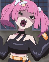 Rule 34 | 1girl, angry, black jacket, black skirt, blush, breasts, coral (pokemon), creatures (company), disgust, fang, game freak, highres, jacket, long hair, nintendo, open mouth, pink hair, pokemon, pokemon (anime), pokemon horizons, skirt, solo, twintails, wide hips