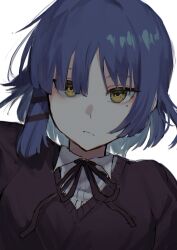 Rule 34 | 1girl, absurdres, black ribbon, black sweater, blue hair, bocchi the rock!, collared shirt, commentary request, frown, hair ornament, hairclip, highres, looking at viewer, mole, mole under eye, mosa 1120, neck ribbon, portrait, ribbon, school uniform, shimokitazawa high school uniform, shirt, short hair, simple background, solo, sweater, white background, white shirt, yamada ryo, yellow eyes