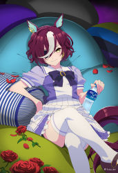 Rule 34 | &gt;:), 1girl, animal ears, aquarius (symbol), blouse, bottle, bow, brown footwear, closed mouth, commentary request, crossed legs, eyepatch, feet out of frame, flower, frilled skirt, frills, hair between eyes, highres, holding, holding bottle, horse ears, multicolored hair, petals, pleated skirt, puffy short sleeves, puffy sleeves, purple bow, purple hair, purple shirt, red flower, red rose, rose, school uniform, shirt, shoes, short sleeves, sitting, skirt, smile, solo, streaked hair, tanino gimlet (umamusume), thighhighs, tonbi, tracen school uniform, twitter username, umamusume, v-shaped eyebrows, water bottle, white hair, white skirt, white thighhighs, yellow eyes