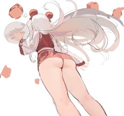 Rule 34 | 1girl, absurdres, ass, azur lane, bare legs, bottomless, bun cover, china dress, chinese clothes, double bun, dress, facing away, feet out of frame, floating hair, from behind, from below, hair bun, hair ornament, hand up, highres, holding, holding tray, kincora, kneepits, le malin (azur lane), legs, long hair, long sleeves, miniskirt, no panties, plate, red dress, red skirt, shirt, simple background, sketch, skirt, solo, standing, thighs, tray, very long hair, white background, white hair, wide sleeves