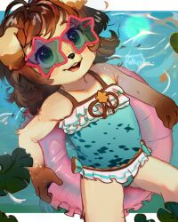 Rule 34 | 1girl, animal ears, animal nose, blue one-piece swimsuit, brown hair, casual one-piece swimsuit, collarbone, commentary, dog ears, dog girl, dog nose, elly (auvere), english commentary, flat chest, freckles, frilled innertube, frilled one-piece swimsuit, frills, furry, furry female, green eyes, highres, innertube, looking at viewer, medium hair, one-piece swimsuit, open mouth, original, signature, snout, solo, star-shaped eyewear, star (symbol), sunglasses, swim ring, swimsuit, teeth, upper teeth only, variant set