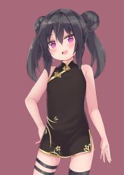 Rule 34 | 1girl, :d, amano kouki, bare arms, bare shoulders, black dress, black hair, black thighhighs, blush, brown background, china dress, chinese clothes, commentary request, double bun, dress, hair bun, hand on own hip, highres, long hair, looking at viewer, note-chan, open mouth, original, purple eyes, simple background, single thighhigh, sleeveless, sleeveless dress, smile, solo, thigh strap, thighhighs, twintails