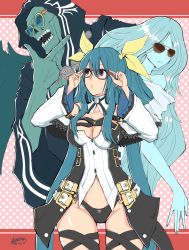 Rule 34 | 2girls, asymmetrical wings, belt, black panties, blue hair, breasts, choker, cleavage, detached sleeves, dizzy (guilty gear), glasses, guilty gear, guilty gear xrd, hair ribbon, highres, large breasts, long hair, mariebell, midriff, monster girl, multiple girls, navel, necro (guilty gear), panties, ribbon, tail, thigh gap, thigh strap, thighs, twintails, underwear, undine (guilty gear), wings, yellow ribbon