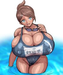 Rule 34 | 1girl, absurdres, asahina aoi, ass, blue eyes, blush, breasts, brown hair, cleavage, covered erect nipples, danganronpa (series), dark-skinned female, dark skin, hair ornament, hairclip, highres, huge breasts, looking at viewer, one-piece swimsuit, open mouth, partially submerged, skin tight, solo, swimsuit, thick thighs, thighs, wet, wide hips, ponkotsu (robolobo4956)
