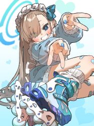 Rule 34 | 1girl, amonitto, asuna (blue archive), blue archive, blue eyes, blue halo, blue nails, blush, double v, fingernails, grin, hair over one eye, halo, highres, jersey, light brown hair, long hair, long sleeves, looking at viewer, nail polish, smile, solo, v