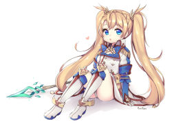 Rule 34 | 1girl, :o, aged down, ahoge, arm support, armor, artist name, ass, blonde hair, blue eyes, blue gloves, boots, bradamante (fate), bradamante (second ascension) (fate), braid, buttons, commentary, double-breasted, elbow gloves, english commentary, epaulettes, fate/grand order, fate (series), faulds, full body, gloves, heart, knee boots, kneehighs, knees up, long hair, long sleeves, looking at viewer, panties, parted lips, polearm, shirt, sidelocks, simple background, sitting, skirt, sleeves rolled up, socks, solo, spear, tareme, twintails, underwear, uniform, very long hair, weapon, white background, white panties, white shirt, white skirt, white socks, wing collar, yumyum